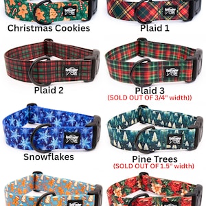 May include: Eight pet collars with black plastic buckles and D-rings, featuring holiday prints: Christmas cookies, three plaid patterns, blue snowflakes, pine trees, gingerbread men, and Christmas floral. Each has a SeaFlower Co. brand label.