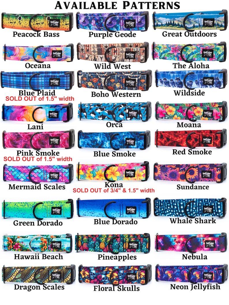 May include: A collection of twenty-four pet collars featuring various printed patterns including Peacock Bass, Purple Geode, Great Outdoors, Oceana, Wild West, The Aloha, Blue Plaid, Boho Western, Wildside, Lani, Orca, Moana, Pink Smoke, Blue Smoke, Red Smoke, Mermaid Scales, Kona, Sundance, Green Dorado, Blue Dorado, Whale Shark, Hawaii Beach, Pineapples, Nebula, Dragon Scales, Floral Skulls, and Neon Jellyfish.