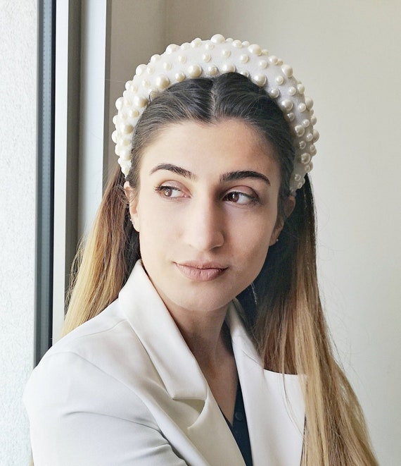 FREE EXPRESS SHIPPING White Pearl Velvet Padded Headband Large