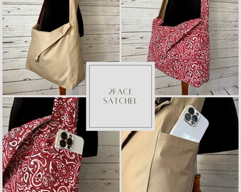 Reversible crossbody satchel/bag with side panel pockets  canvas and bandana cotton print, size large