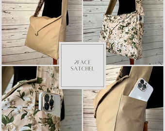 Reversible crossbody satchel/bag with side panel pockets cotton canvas and floral cotton print, size large