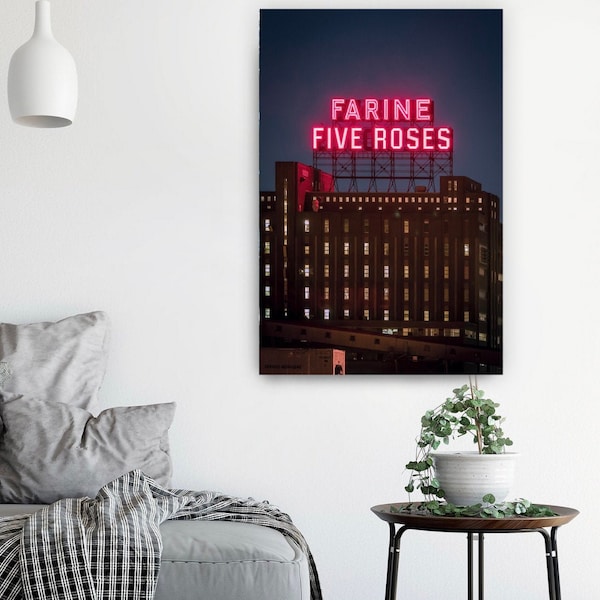 Poster Farine Five Roses Montreal. Landmark historical building in Canada. Vintage and cool wall art for home and office.