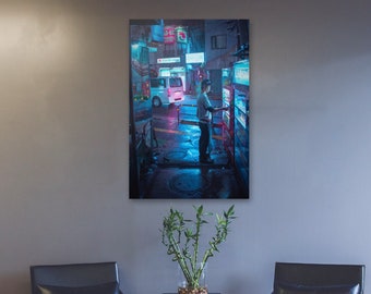 Poster Cigarette Break in the Dark small alley of Tokyo Japan. Wall art for office, living room.