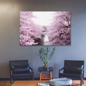 Poster Sakura Tree over Tokyo river. Hanami season in Japan. Pink Japanese tree.