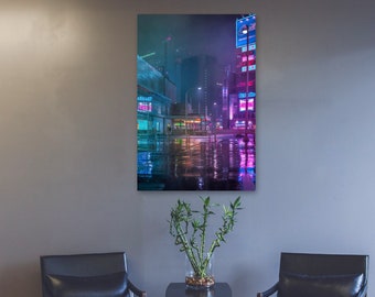 Poster City Reflection in the Rain Tokyo Japan. Beautiful night photography wall art for home and office.