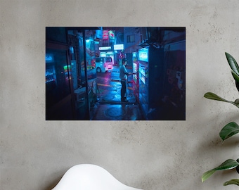 Poster orizzontale Pausa sigaretta nel piccolo vicolo buio di Tokyo in Giappone. Decorazione da parete per ufficio, soggiorno.