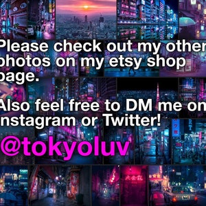 Puede incluir: Un collage de im&aacute;genes de Tokio, Jap&oacute;n, de noche. Las im&aacute;genes son principalmente de letreros de ne&oacute;n y escenas callejeras. El texto "Please check out my other photos on my etsy shop page. Also feel free to DM me on Instagram or Twitter! @tokyoluv" est&aacute; superpuesto a las im&aacute;genes.