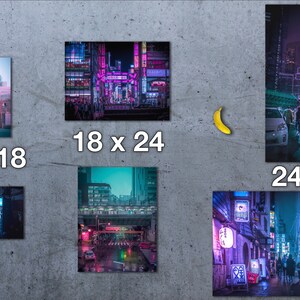 May include: A collection of five photographs of a city street at night with neon lights and signs. The photos are arranged in a grid with the sizes of each photo listed below them. The sizes are 12 x 18, 18 x 24, 24 x 36.