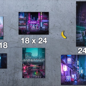 Puede incluir: Una colecci&oacute;n de cinco fotograf&iacute;as de una calle de la ciudad por la noche con luces de ne&oacute;n y letreros. Las fotos est&aacute;n dispuestas en una cuadr&iacute;cula con los tama&ntilde;os de cada foto enumerados debajo. Los tama&ntilde;os son 12 x 18, 18 x 24, 24 x 36.