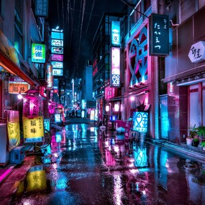 May include: A narrow, neon-lit street in Japan at night. The street is wet from rain, reflecting the colorful lights.  The buildings are lined with Japanese signs and lanterns.