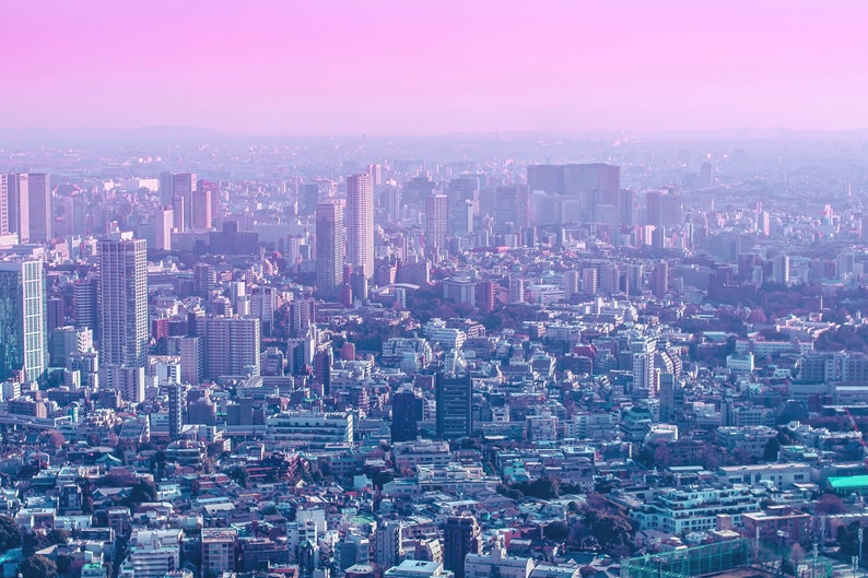 Puede incluir: Una vista panor&aacute;mica de un horizonte urbano con edificios altos y un cielo rosado brumoso en el fondo.