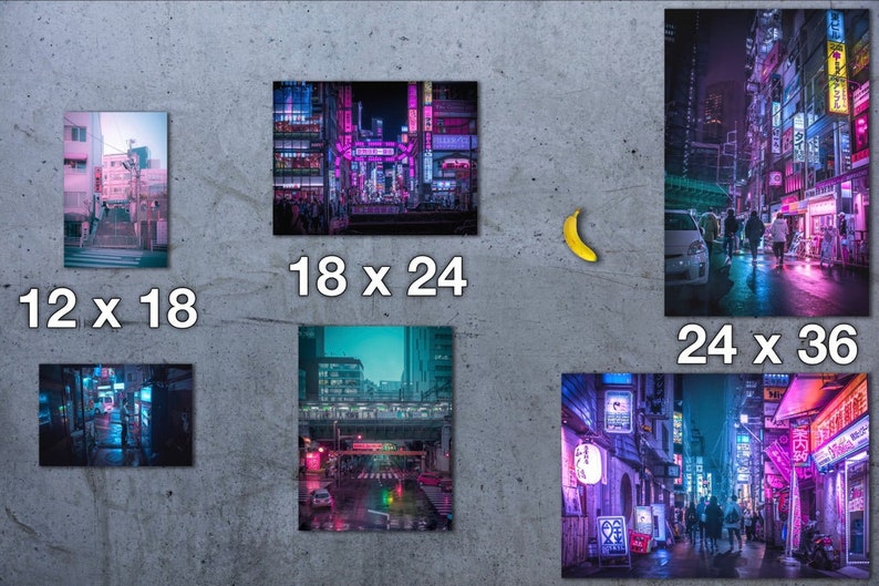 Puede incluir: Cinco im&aacute;genes de diferentes tama&ntilde;os de calles de la ciudad de Jap&oacute;n iluminadas con luces de ne&oacute;n. Las im&aacute;genes est&aacute;n dispuestas en una cuadr&iacute;cula sobre un fondo gris. Todas las im&aacute;genes est&aacute;n tomadas de noche y presentan brillantes letreros de ne&oacute;n, multitudes de personas y calles mojadas.