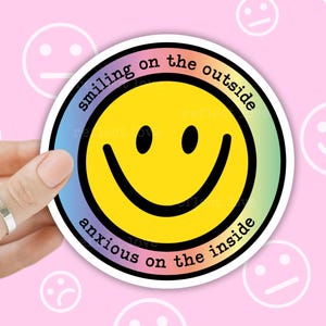 Anxious Smiley Face Sticker, Funny Anxiety Decal, Happy Face Water Bottle Sticker, Waterproof, Laptop Decal