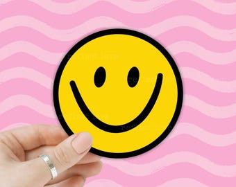 Yellow Smiley Face Sticker, Waterproof Happy Face Decal, Vinyl Water Bottle Sticker, Cute Trendy Car Sticker, Positive Laptop Stickers