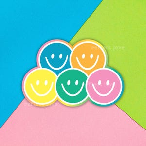 Smiley Faces Sticker, Happy Face Decal, Colorful Vinyl Sticker, Cute Trendy Summer Water Bottle Sticker, Back to School Notebook Sticker