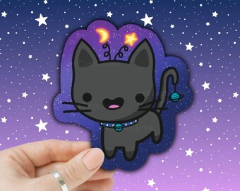 Space Kitty Sticker, Black Cat Sticker, Outer Space Decal, Waterproof Sticker, Moon and Stars Cat, Galaxy, Cat Gift, Laptop Decal