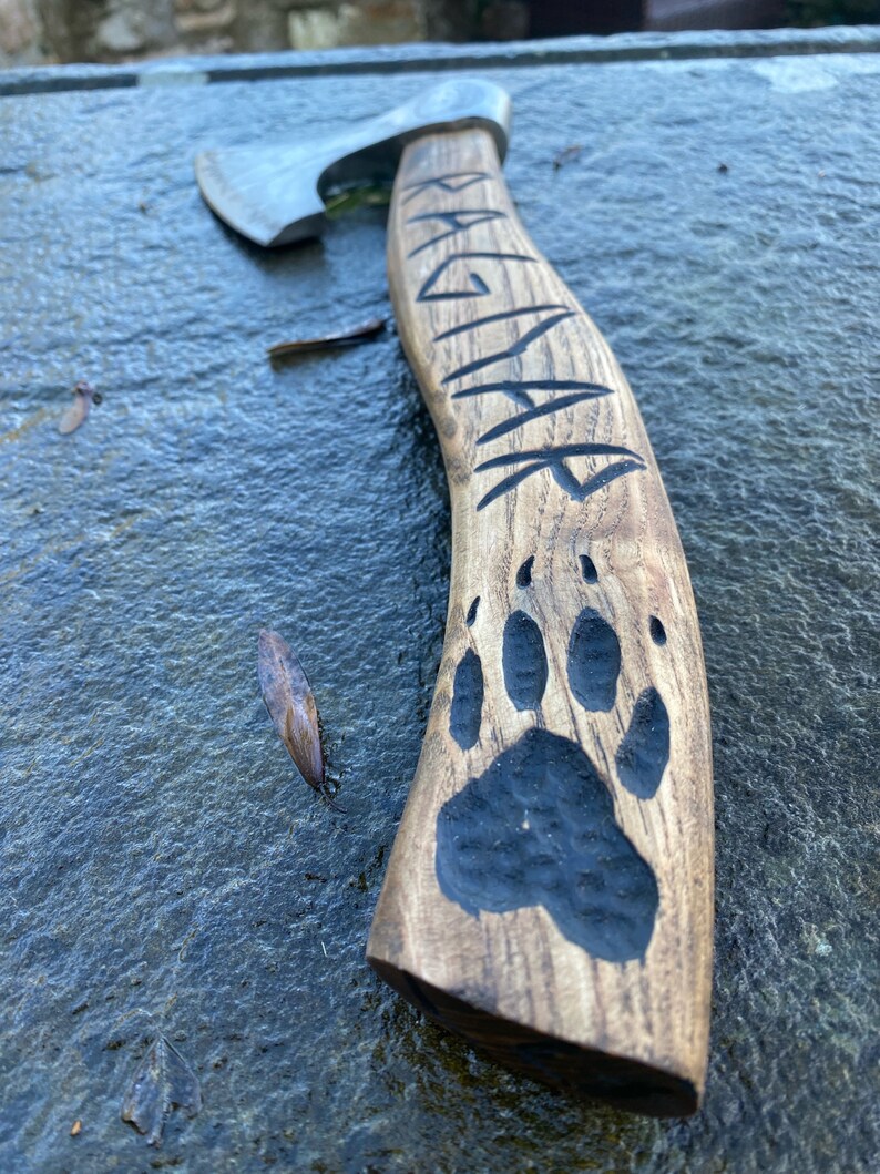 Hand Carved Viking Hatchet - Dogs Names Carved on Handle