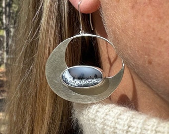 Winter Vista Opal earrings in sterling silver, Dendritic Opal, Handmade, OOAK, Tumbled Heart Designs