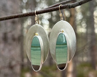 Polychrome Jasper earrings, "Ocean View", sterling silver, 18k gold, OOAK, Handmade, Tumbled Heart Designs