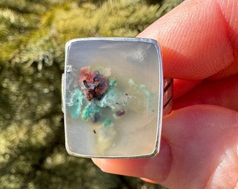 9 3/4 Native Copper Chrysocolla in Chalcedony ring, UNISEX, sterling silver, handmade, OOAK, Tumbled Heart Designs