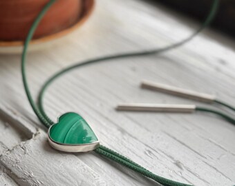 Malachite Heart Bolo Tie, Handmade, OOAK, Tumbled Heart Designs