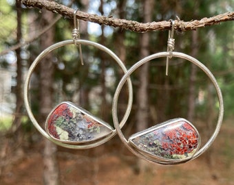 SALE* Red Moss Agate Hoop earrings in sterling silver, handmade, one of a kind, Tumbled Heart Designs