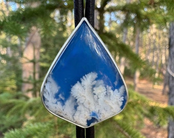 White Plume Agate Doublet Bolo in sterling silver on black leather with sterling tips, Handmade, OOAK, Tumbled Heart Designs