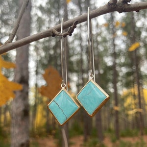 Turquoise drop earrings in sterling silver and 14k Gold fill, handmade, one of a kind, Tumbled Heart Designs image 2