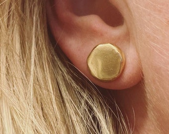 Golden nugget studs made from recycled brass! Sterling silver ear post, Handmade, Tumbled Heart Designs