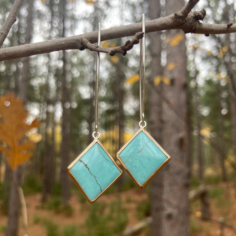 Turquoise drop earrings in sterling silver and 14k Gold fill, handmade, one of a kind, Tumbled Heart Designs image 3