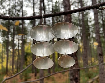 Large Triple Drop earrings in sterling silver, delicate chime sound! Handmade, Tumbled Heart Designs