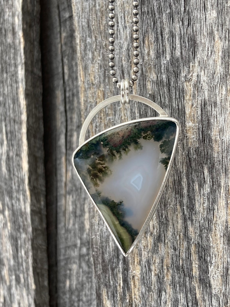 Moss Agate and Pendant Necklace Handmade Sterling Silver Metalsmith Pendant Scenic Floral Garden Landscape Gemstone
