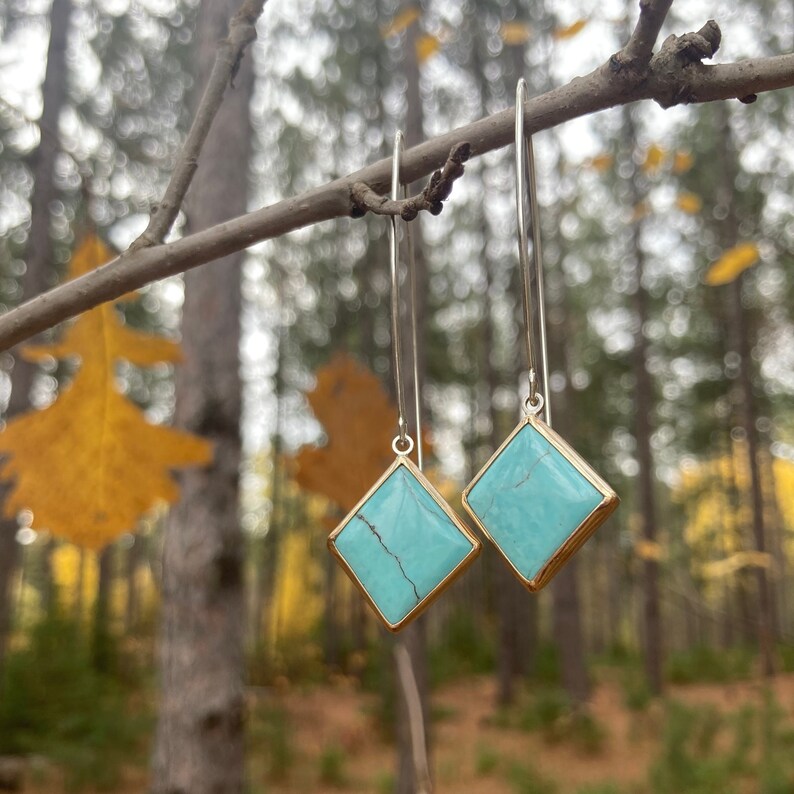 Turquoise drop earrings in sterling silver and 14k Gold fill, handmade, one of a kind, Tumbled Heart Designs image 2