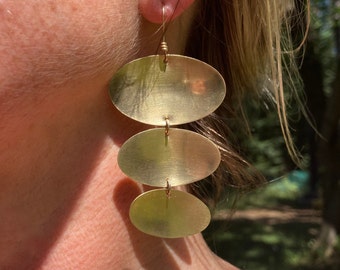 Large Triple Drop earrings in brass, delicate chime sound! Handmade, Tumbled Heart Designs