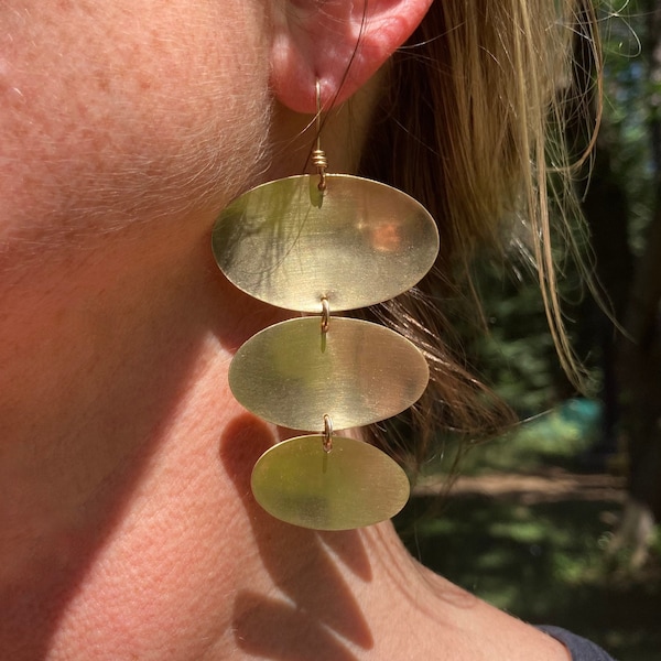 Large Triple Drop earrings in brass, delicate chime sound! Handmade, Tumbled Heart Designs