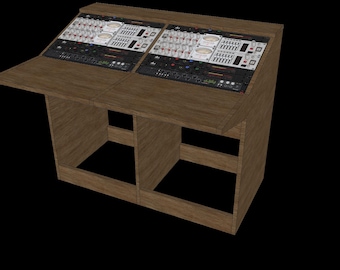 May include: A wooden studio desk featuring two integrated audio mixing consoles with silver control panels, numerous knobs, faders, and circular analogue meters. The desk has a slanted top surface for the equipment and an open base structure.