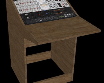 May include: A wooden audio mixing desk with multiple control panels and knobs. The desk has a slanted top with various audio equipment, including mixers and processors. The wooden frame has a natural wood grain finish.
