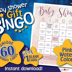 Pink Watercolor Baby Shower Bingo Game Cards; 60 Unique, Pre-filled, 1 Blank, Instant Download Printable Digital PDF File. Inclusive terms!