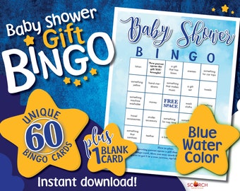 Blue Watercolor Baby Shower Bingo Game Cards; 60  Pre-filled, 1 Instruction Sheet, 1 Blank, Instant Download Printable Digital PDF Boy Girl