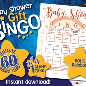 BOHO Rainbow Baby Shower Bingo Game Cards, 60 Pre-filled, Instructions, 1 Blank, Instant Download Printable Digital PDF, with stars & hearts