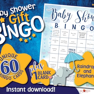 Raindrops and Elephants Baby Shower Bingo Game Cards, Boho, 60 Pre-filled, Instructions, 1 Blank, Instant Download Printable Digital PDF