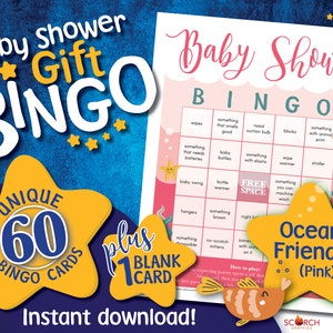 Ocean Friends (Pink) Baby Shower Bingo Game Cards; 60 Pre-filled, Instructions, 1 Blank, Instant Download Printable Digital PDF Girl Boy