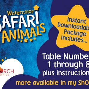 May include: Watercolor Safari Animals table numbers, 1 through 8, plus instructions. Instant downloadable package. More available in my Shop!!