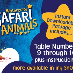 May include: Watercolor Safari Animals table numbers, 9 through 16, plus instructions. Instant downloadable package. Scorch Graphics.
