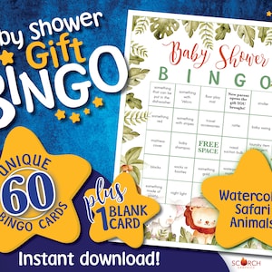 Safari Animals, Watercolor - Baby Shower Bingo Game Cards, 60 Pre-filled, Instructions, 1 Blank, Instant Download Printable Digital PDF Lion