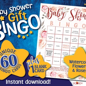 Watercolor Flowers & Roses Baby Shower Bingo Game Cards, 60 Pre-filled, Instructions, 1 Blank, Instant Download Printable Digital PDF - Pink
