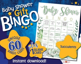 Puede incluir: Una estrella amarilla con el texto "UNIQUE 60 BINGO CARDS" y el texto "plus 1 BLANK CARD" sobre un fondo azul. Un fondo de acuarela verde y blanco con una tarjeta de bingo que dice "Baby Shower BINGO". La tarjeta de bingo tiene casillas con artículos que se suelen regalar en las duchas de bebés. Las casillas incluyen artículos como "algo rojo", "algo con rayas", "champú para bebés", "calcetines o botines", "algo hecho de plástico", y "luz nocturna".