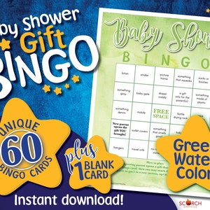 Green Watercolor Baby Shower Bingo Game Cards, 60 Unique, Pre-Filled, 1 Blank, Instant Download Printable Digital PDF File. Inclusive terms