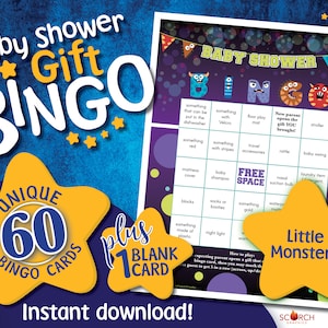 Little Monsters Baby Shower Bingo Game Cards, 60 Pre-filled, Instructions, 1 Blank, Instant Download Printable Digital PDF