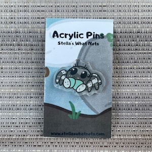 Peut inclure: Une épingle en acrylique transparente représentant une araignée de dessin animé avec des marques blanches et grises, tenant un sac d'œufs vert clair. L'épingle est sur une carte avec le texte "Acrylic Pins Stella's What Nots" et "www.stellaswhatnots.com".